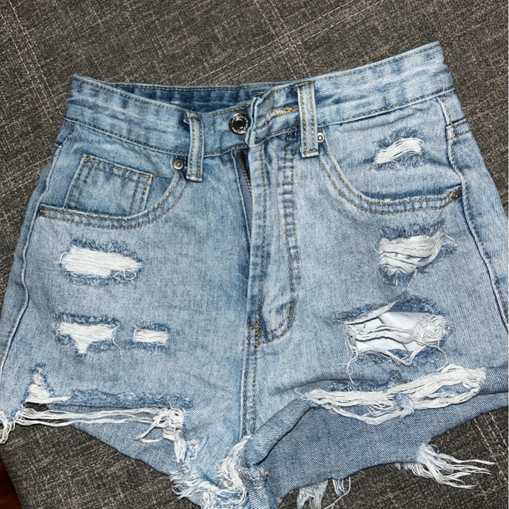 Distressed Light Blue Denim Shorts